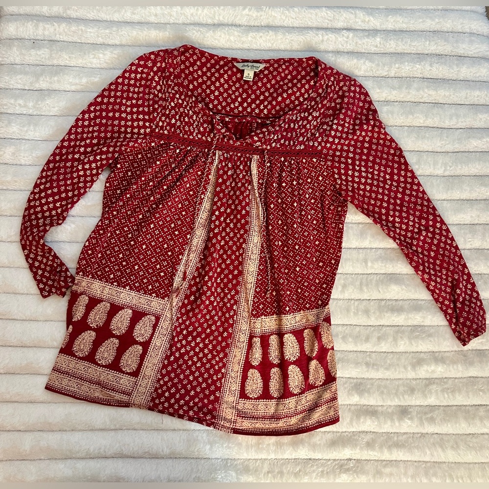 Lucky Brand Red Ditsy Flower Print Boho Blouse Size Small